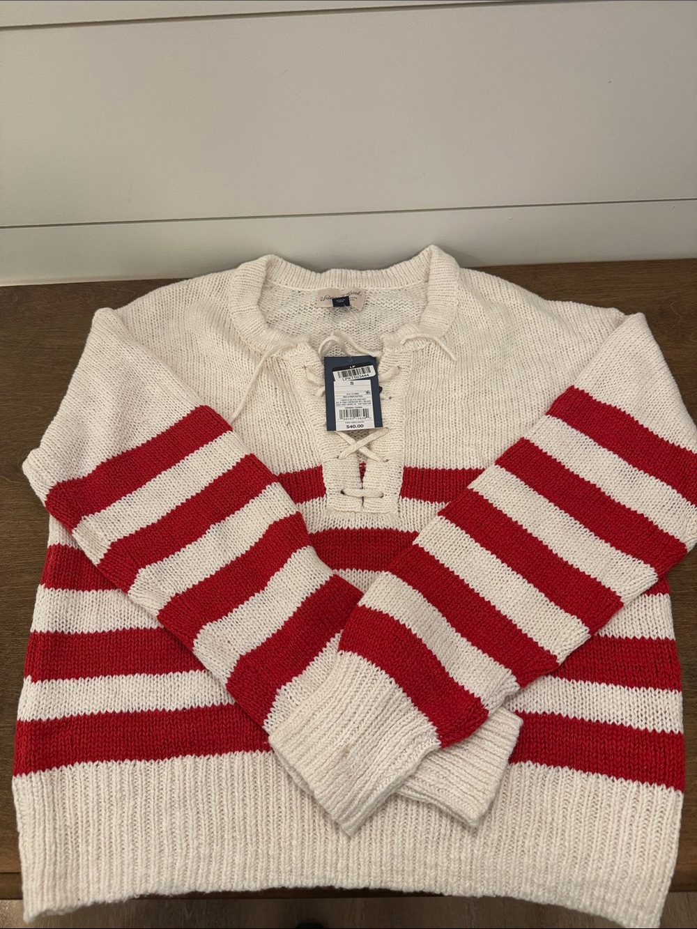 Universal Thread Cream and Red Striped Lace-Up Crewneck Sweater